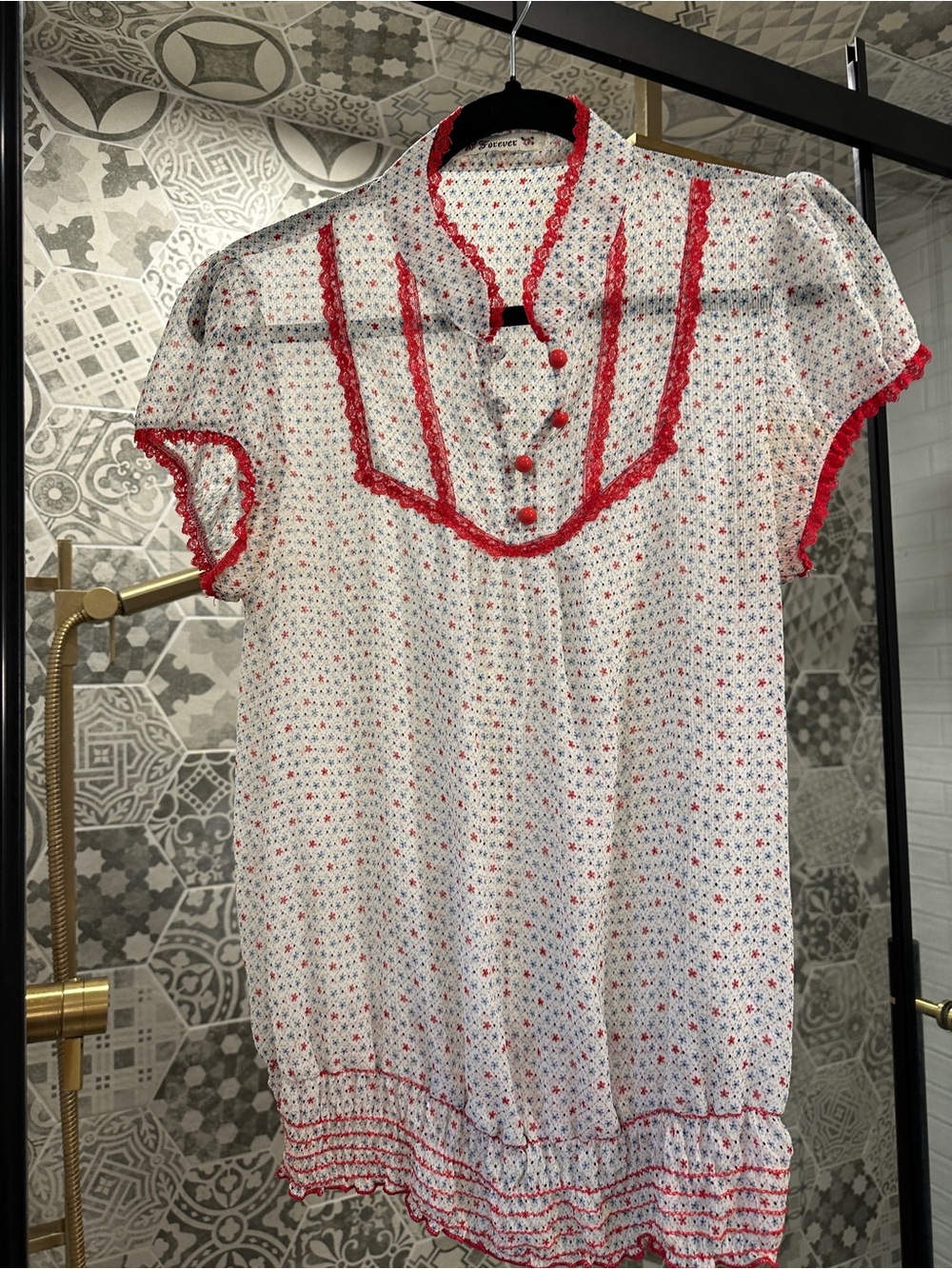Red-Trim White Floral Top